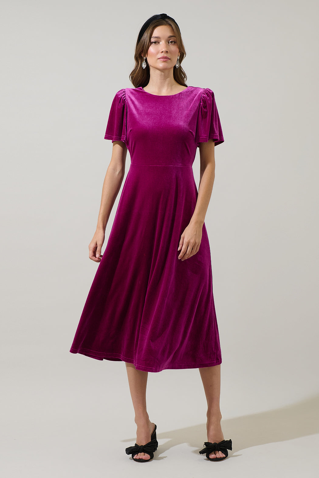 velvet a line midi dress BROWN VELVET A-LINE MIDI DRESS WITH GOLD-BEADED DETAIL | CULT MIA