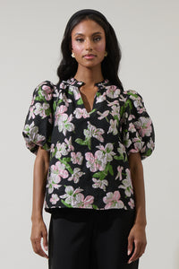Elsinore Floral Jacquard Split Neck Top