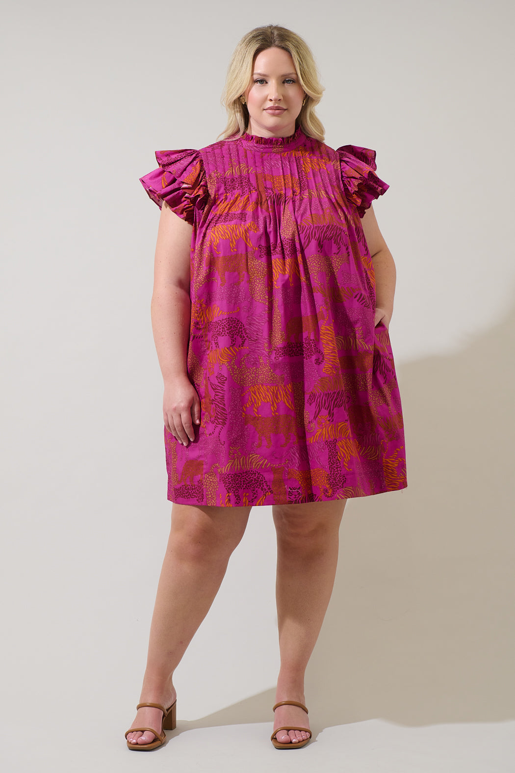 SUGARLIPS Women's The Jungle Print Ruffle Sleeve Shift Dress - Pink - Mini dresses SUGARLIPS Women's The Jungle Print Ruffle Sleeve Shift Dress - Pink - Mini dresses
