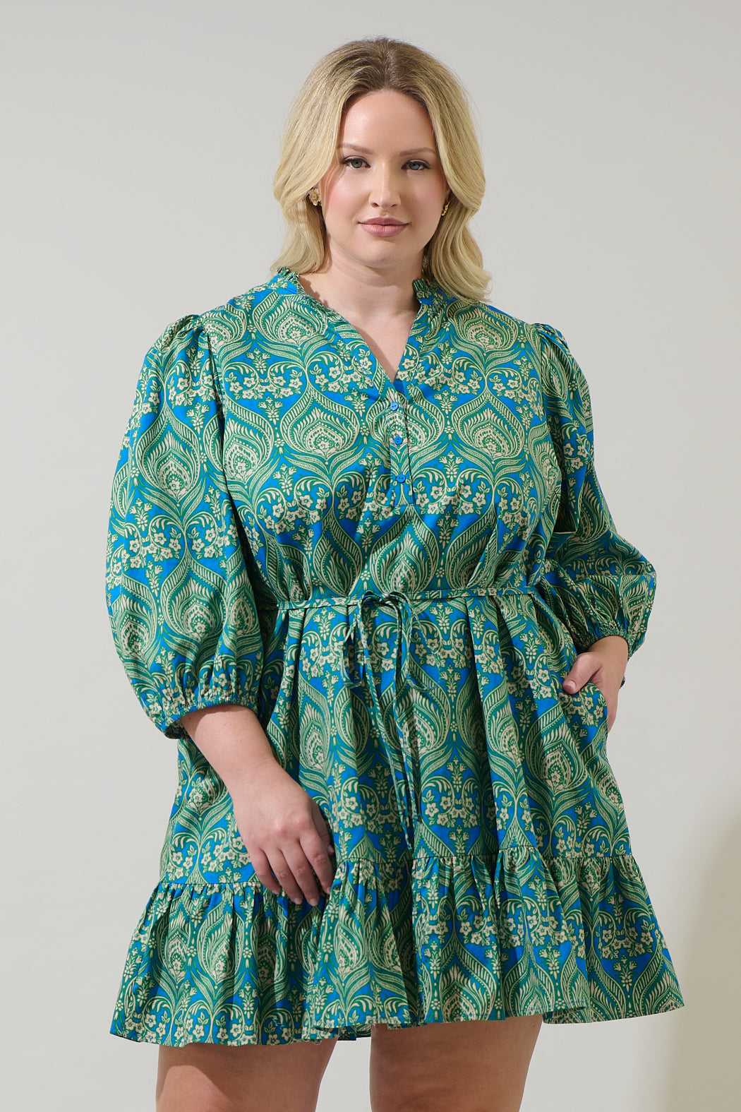 mini paisley dress Nyra Paisley Jazlyn Split Neck Mini Dress Curve GREEN-BLUE-MUL / 2X by mini paisley dress Nyra Paisley Jazlyn Split Neck Mini Dress Curve GREEN-BLUE-MUL / 2X by