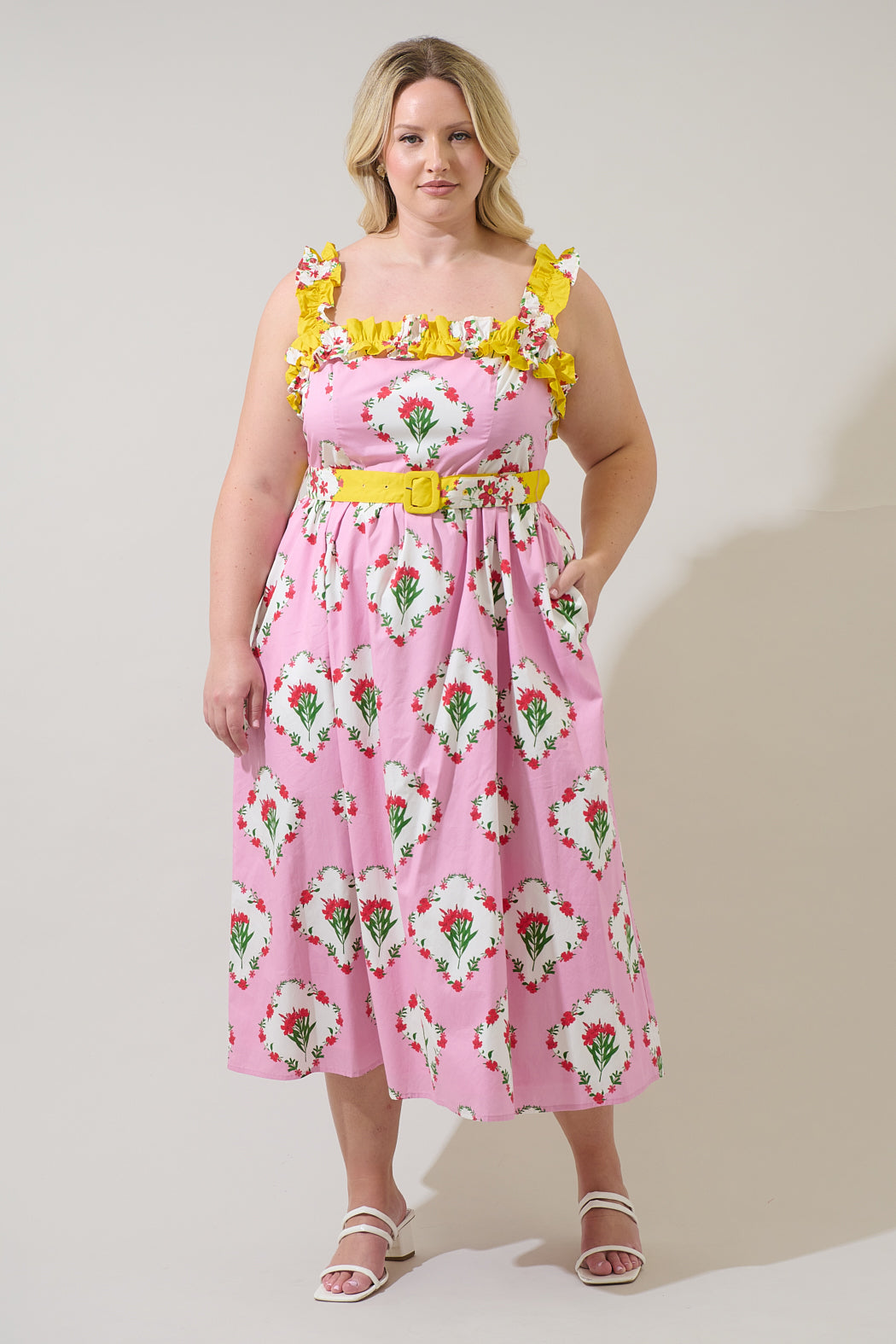 plus size ruffle midi dress Time and Tru Women's and Women's Plus Ruffle Tiered Midi Dress with Long Sleeves, Sizes XS-4X