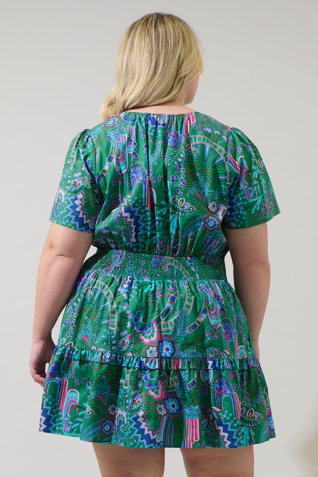 Vesper Geo Aylin Smocked Mini Dress Curve KELLY-BLUE-MUL / 2X by Sugarlips Vesper Geo Aylin Smocked Mini Dress Curve KELLY-BLUE-MUL / 2X by Sugarlips