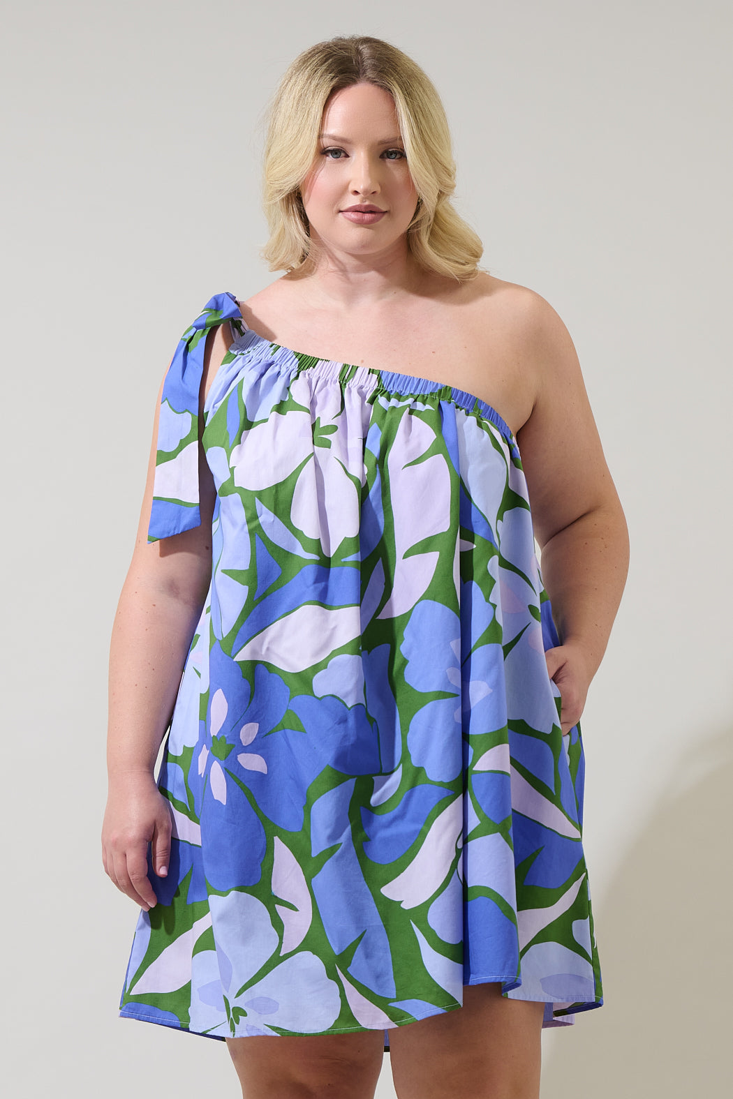 one shoulder plus size mini dress Lucena Floral Irene One Shoulder Mini Dress Curve GREEN-MULTI / 3X by Sugarlips