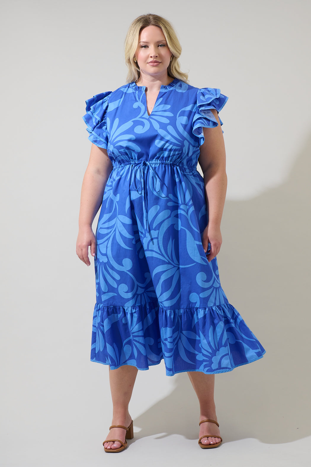 Emidora Floral Kiny Ruffle Midi Dress Curve NAVY-BLUE / 3X by Sugarlips Emidora Floral Kiny Ruffle Midi Dress Curve NAVY-BLUE / 3X by Sugarlips