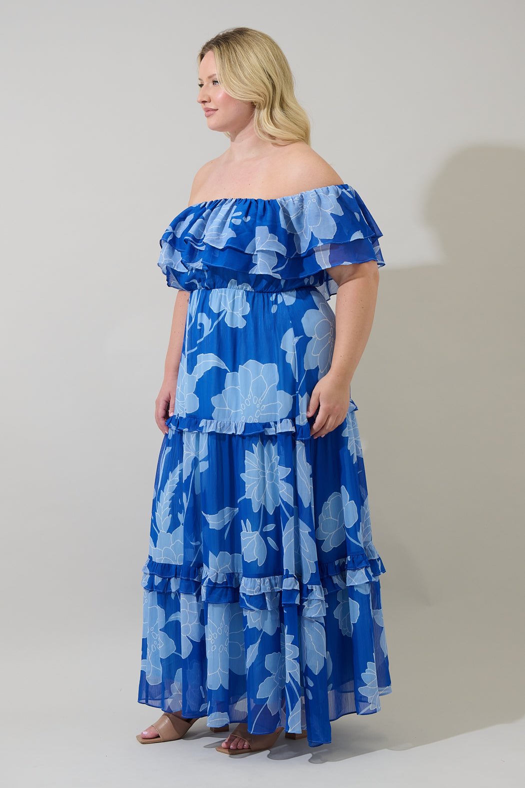 blue floral off the shoulder maxi dress Wedtrend Women Long Bridesmaid Dress Blue Floral Print A Line Off the Shoulder Wedding Guest Dress, Blue / US12