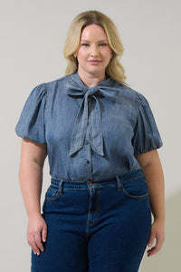 Georgina Chambray Button Front Bow Top Curve