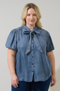 Georgina Chambray Button Front Bow Top Curve