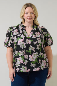 Elsinore Floral Jacquard Split Neck Top Curve