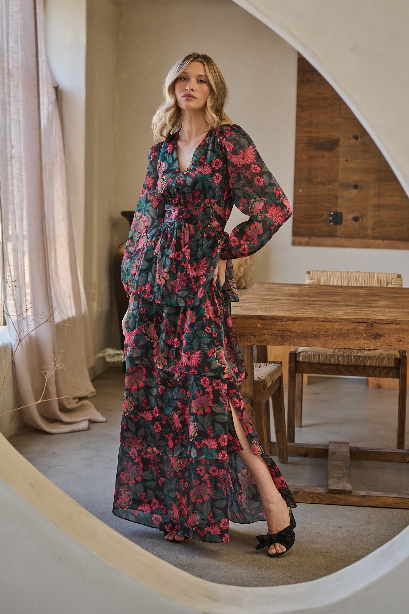 Briala Organza Sandy Pleated Maxi Dress BLK-TEAL-RED / S by Sugarlips Briala Organza Sandy Pleated Maxi Dress BLK-TEAL-RED / S by Sugarlips