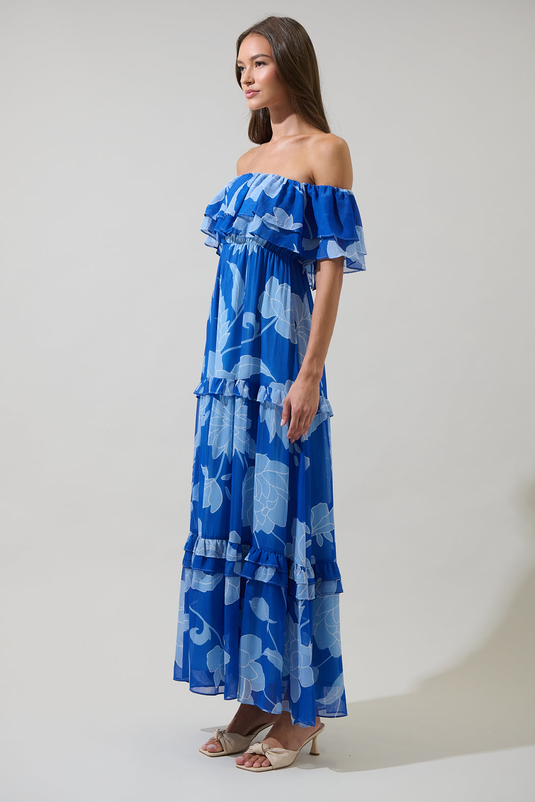 SUGARLIPS Women's Floral Off the Shoulder Tiered Maxi Dress - Blue - Maxi dresses SUGARLIPS Women's Floral Off the Shoulder Tiered Maxi Dress - Blue - Maxi dresses