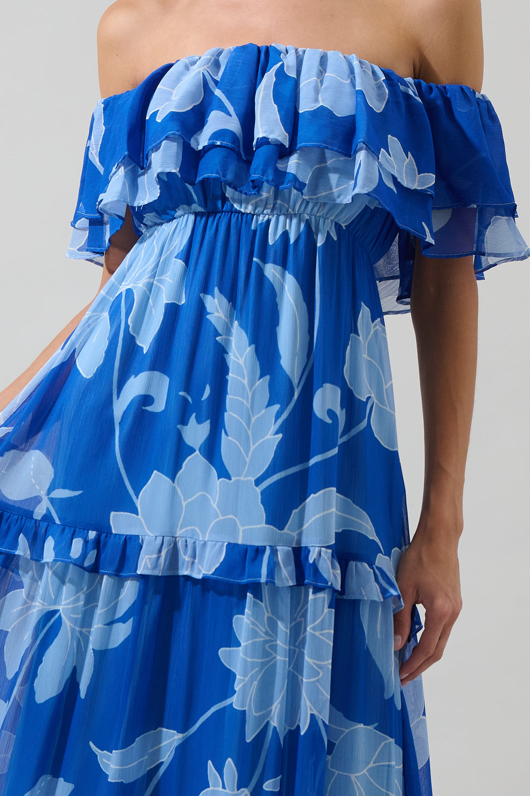 SUGARLIPS Women's Floral Off the Shoulder Tiered Maxi Dress - Blue - Maxi dresses SUGARLIPS Women's Floral Off the Shoulder Tiered Maxi Dress - Blue - Maxi dresses