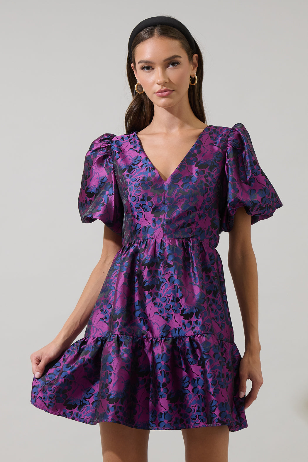 Farrah Jacquard Floral May Tiered Mini Dress NAVY-FUCHSIA / S by Sugarlips Farrah Jacquard Floral May Tiered Mini Dress NAVY-FUCHSIA / S by Sugarlips
