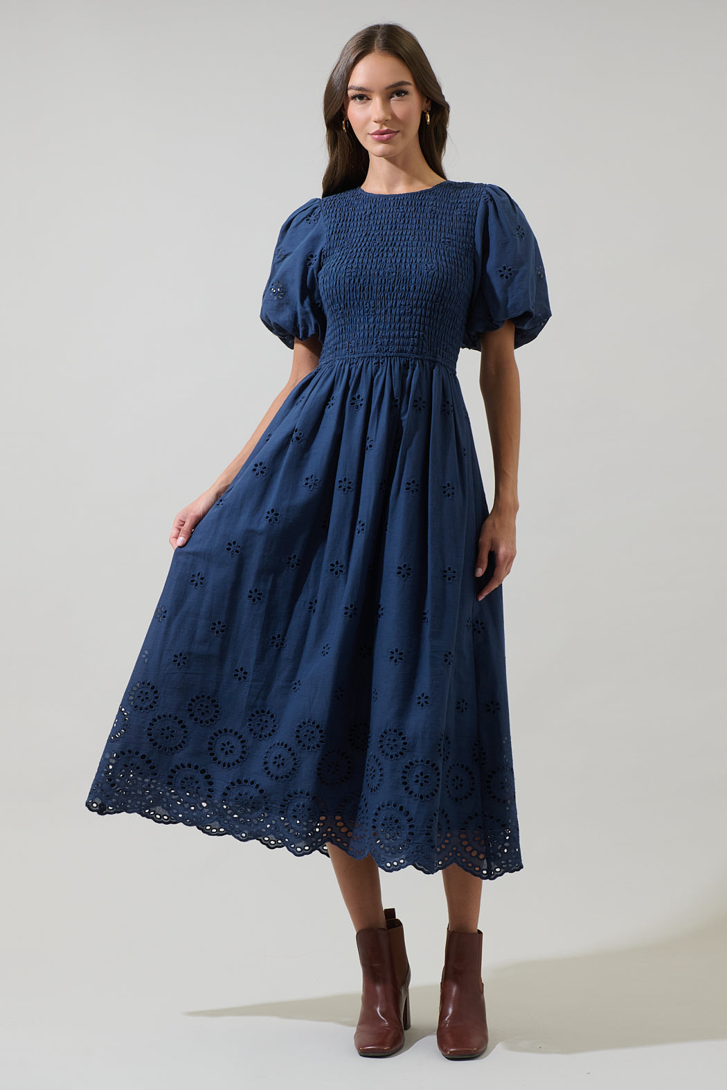 smocked midi dress with sleeves SUGARLIPS Women's Deana Eyelet Smocked Midi Dress - Blue