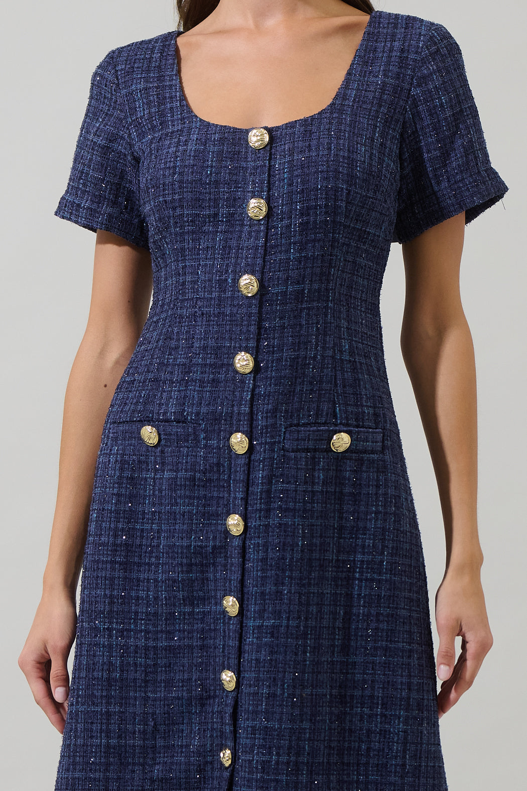 tweed dress knee length Adriella Tweed Hilaria Short Sleeve Midi Dress NAVY / XS by Sugarlips