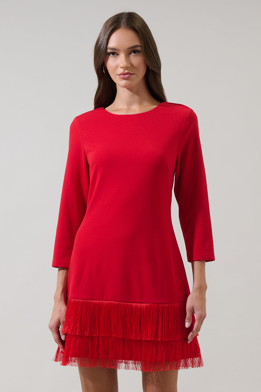 Venetia Fringe Long Sleeve Mini Dress RED / XS by Sugarlips Venetia Fringe Long Sleeve Mini Dress RED / XS by Sugarlips