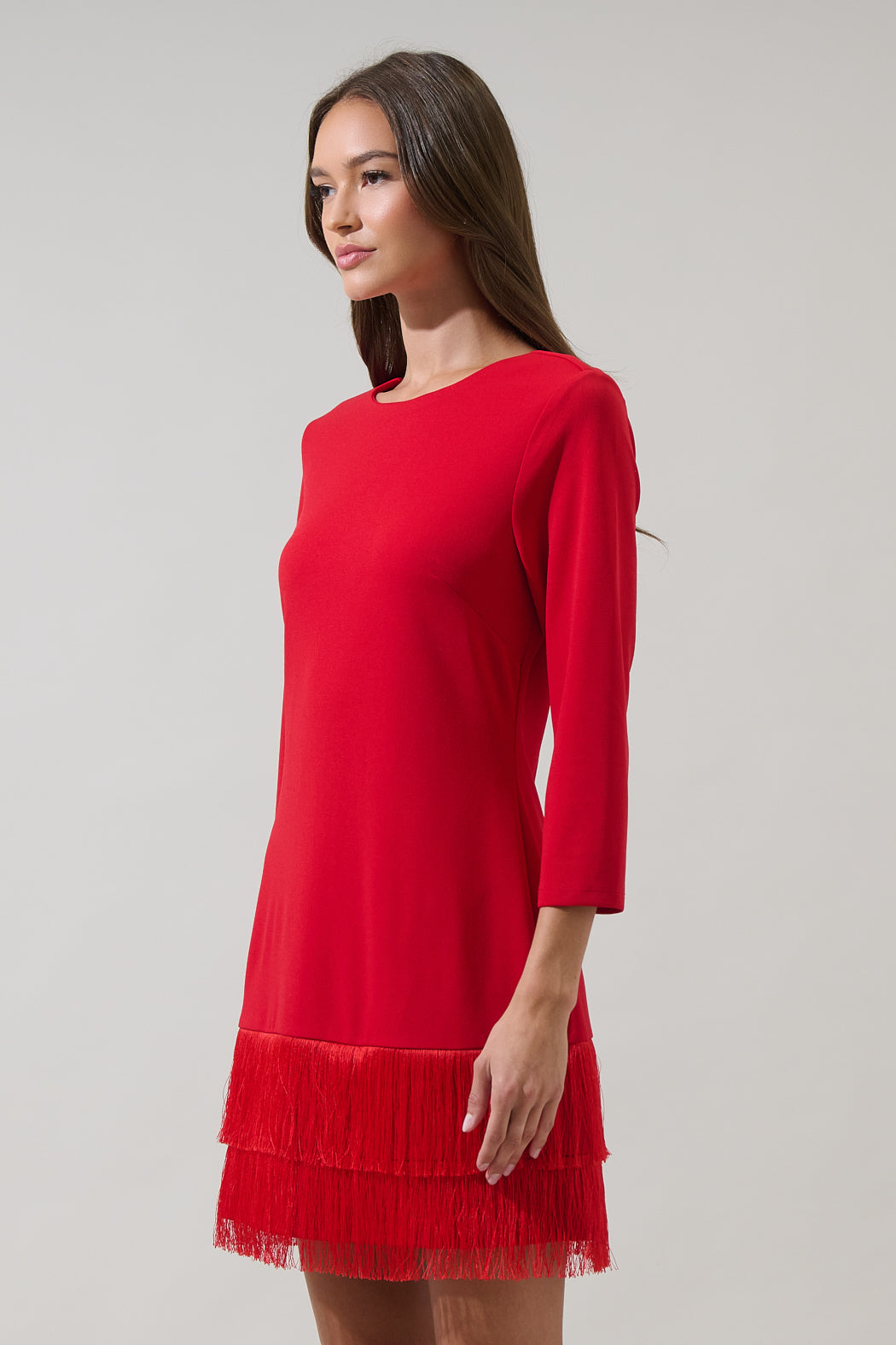 red long sleeve fringe dress Women black red tassels v neck long sleeves latin dance dresses for female salsa rumba chacha