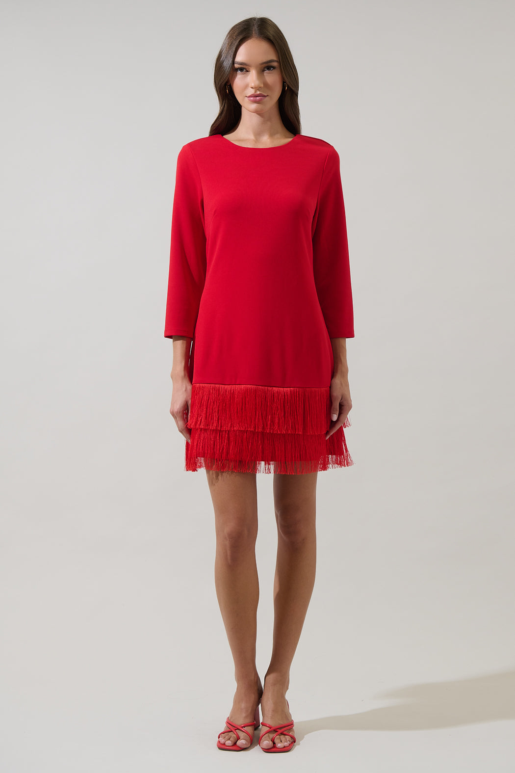 Venetia Fringe Long Sleeve Mini Dress RED / XS by Sugarlips Venetia Fringe Long Sleeve Mini Dress RED / XS by Sugarlips