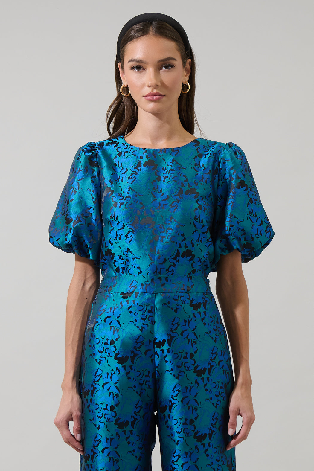 Farrah Jacquard Floral Joi Bubble Top GREEN-BLUE / M