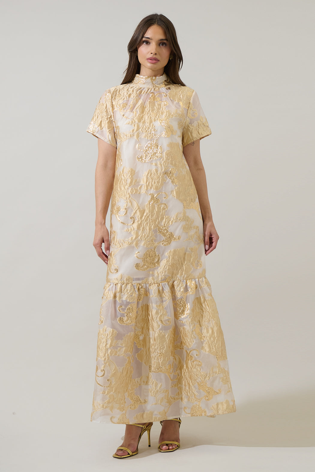 Sugarlips Mimy Floral Dime Organza Mockneck Maxi Dress, Womens, XS, Champagne Sugarlips Mimy Floral Dime Organza Mockneck Maxi Dress, Womens, XS, Champagne