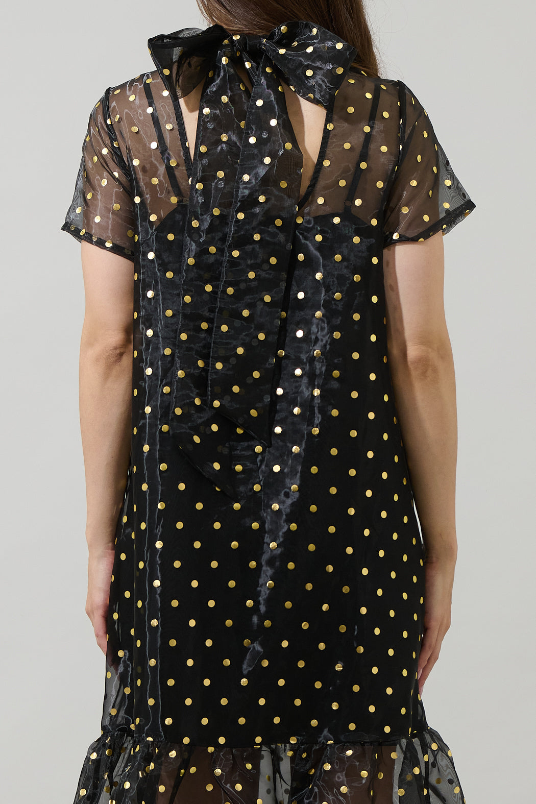 black polka dot organza dress White Strapless Polka Dot Organza Gown With Satin Bow