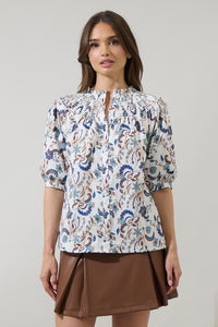 Ralston Floral Blossom Smocked Mock Neck Top