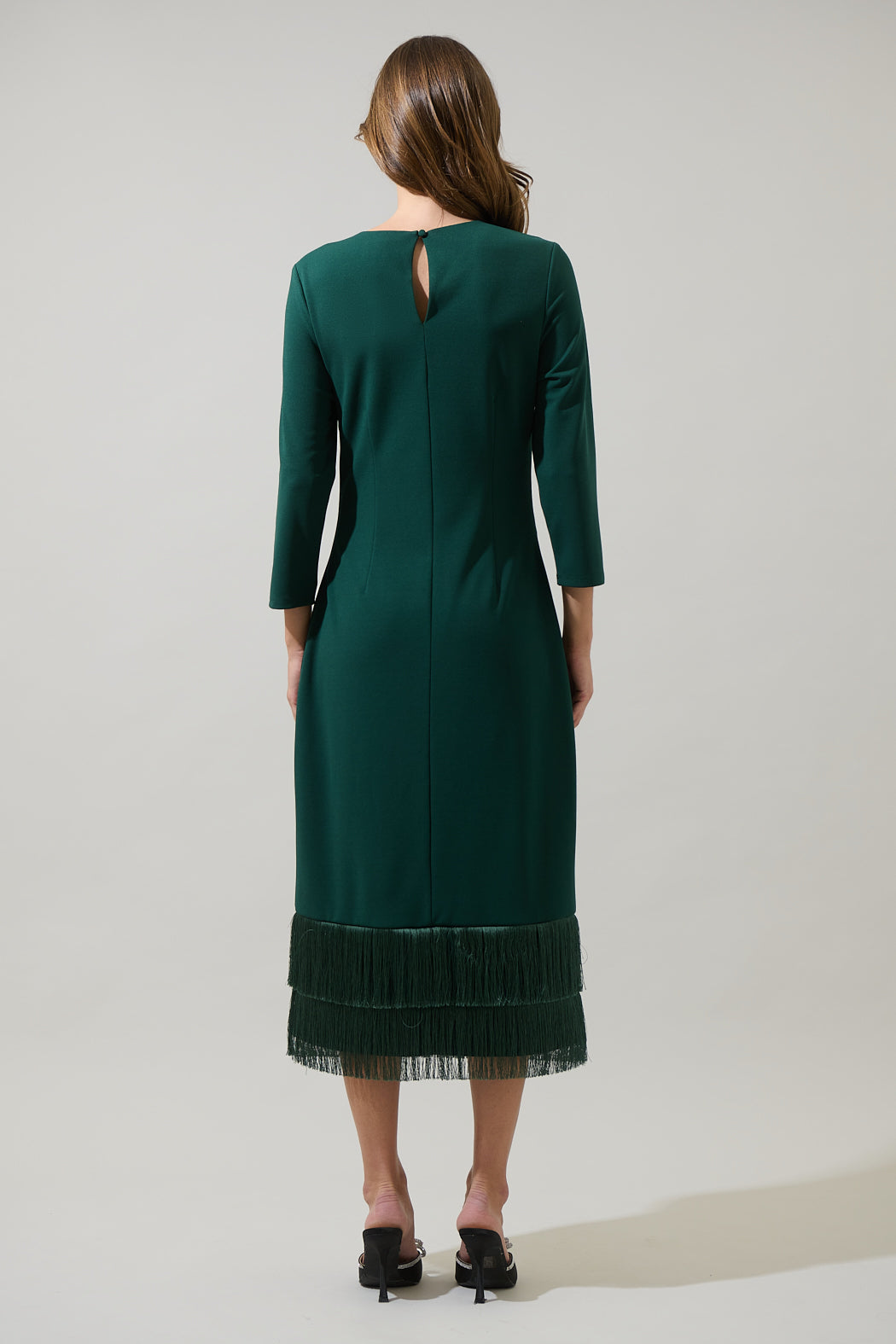 fringe midi dress with sleeves Faux Suede Tiered Fringe Midi Dress - Tan