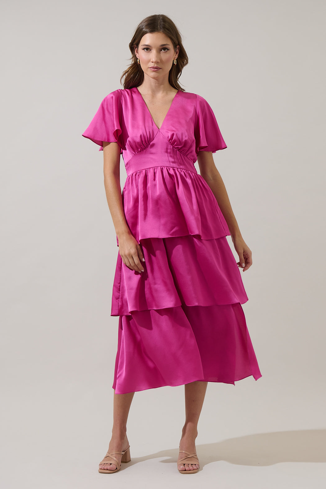 satin tiered midi dress Oasis Women's Petite Printed Satin Jacquard Tiered Midi Dress in Chartreuse | Size: 8