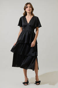 Mendice Satin Tiered Midi Dress