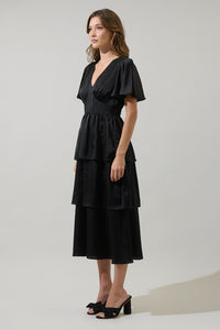 Mendice Satin Tiered Midi Dress