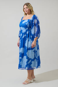Seabloom Floral Amaretto Puff Sleeve Midi Dress Curve