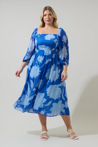 Seabloom Floral Amaretto Puff Sleeve Midi Dress Curve
