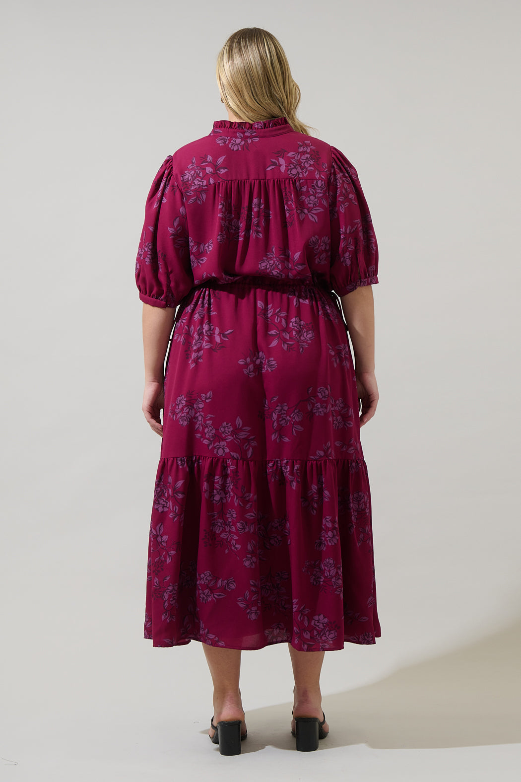 pink floral pleated midi dress Floral Chiffon Midi Dress, 3/4 Sleeve