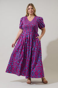 Ivani Abstract Brenty Smocked Midi Dress Curve