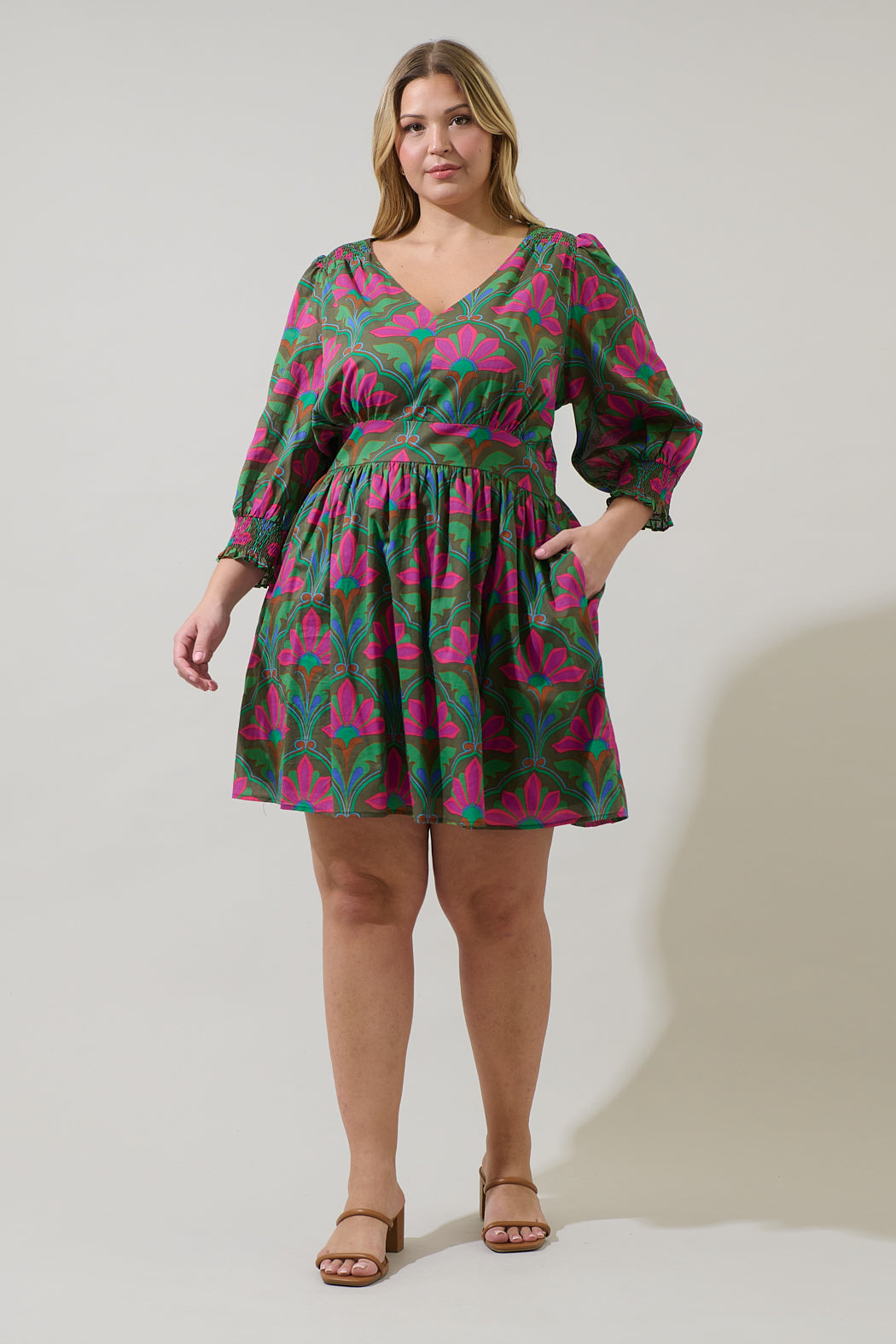 evanna mini dress Evanna Floral Yolis Smocked Mini Dress Curve KELLY-GREEN-PINK / 3X by Sugarlips
