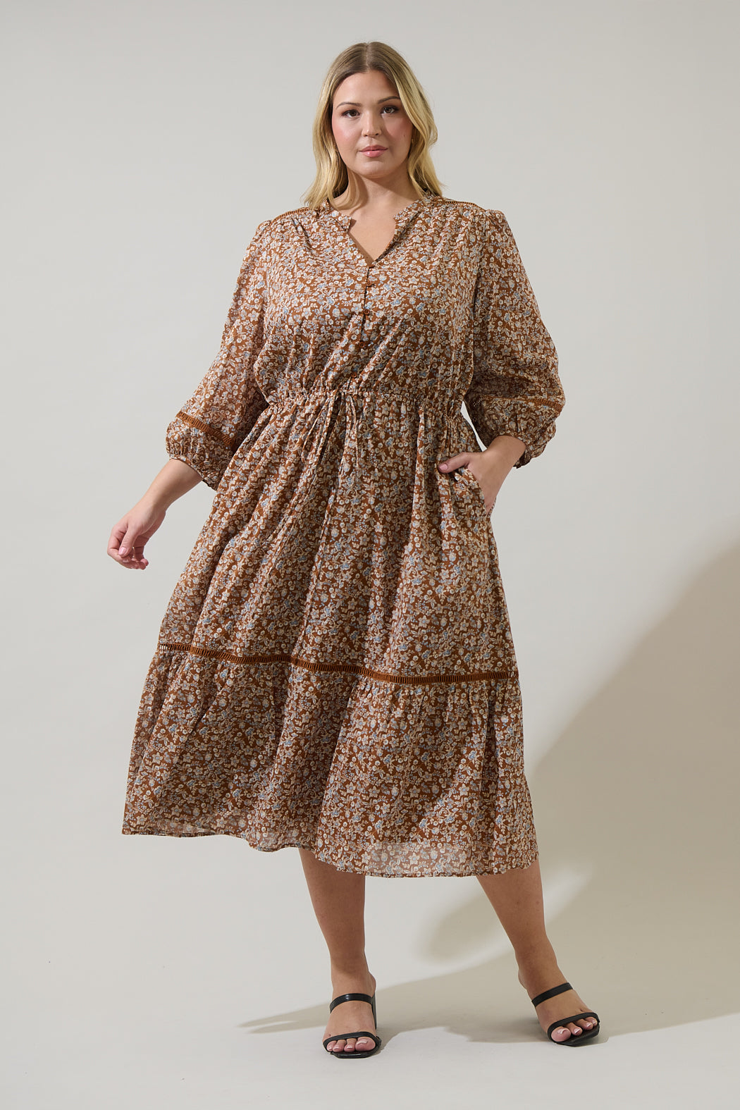 drawstring midi dress Sample Devine Drawstring Round Neck Long Sleeve Midi Dress