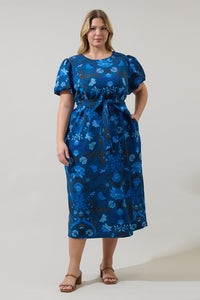 Palmate Floral Senidy Puff Sleeve Midi Dress Curve