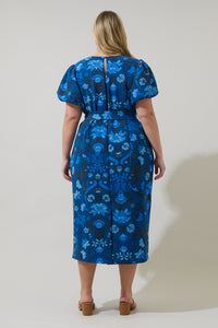 Palmate Floral Senidy Puff Sleeve Midi Dress Curve