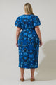 Palmate Floral Senidy Puff Sleeve Midi Dress Curve