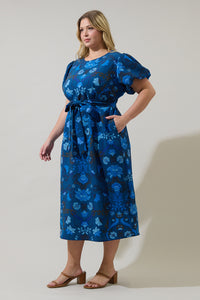 Palmate Floral Senidy Puff Sleeve Midi Dress Curve