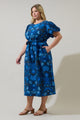 Palmate Floral Senidy Puff Sleeve Midi Dress Curve