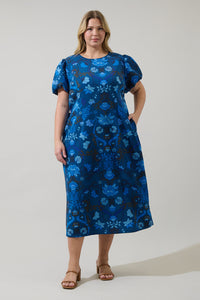 Palmate Floral Senidy Puff Sleeve Midi Dress Curve