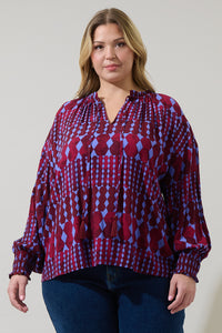 Ramsay Abstract Weylin Split Neck Tassel Blouse Curve