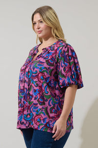 Valier Floral Bluebay Puff Sleeve Blouse Curve