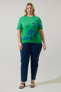 Kersey Floral Pleated Short Sleeve Sweater Top Curve