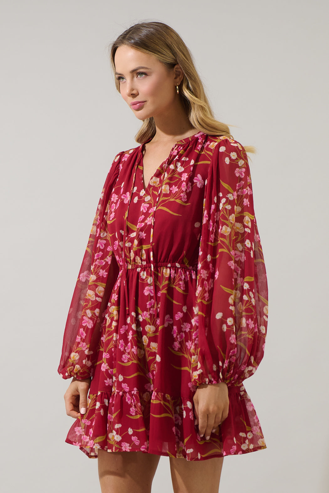 Ginnie Floral Paxton Balloon Sleeve Mini Dress BURG-MULTI / XL by Sugarlips