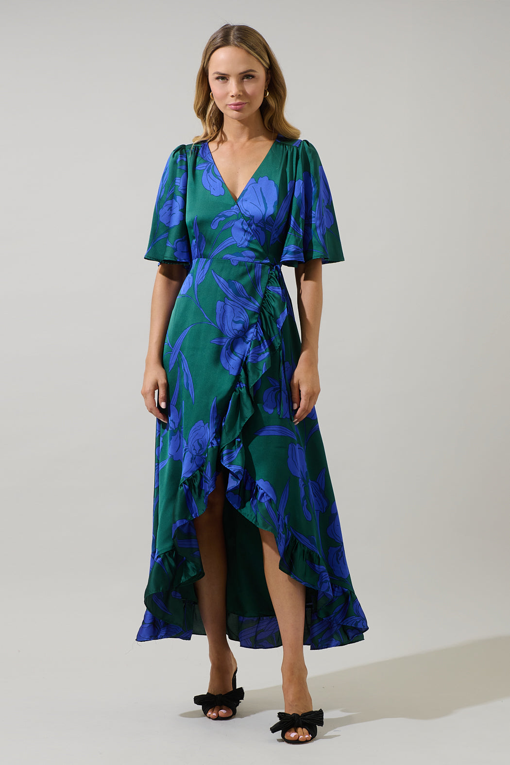 Busbee Floral Abelia Hi-Low Maxi Wrap Dress EMERALD-MULTI / XS