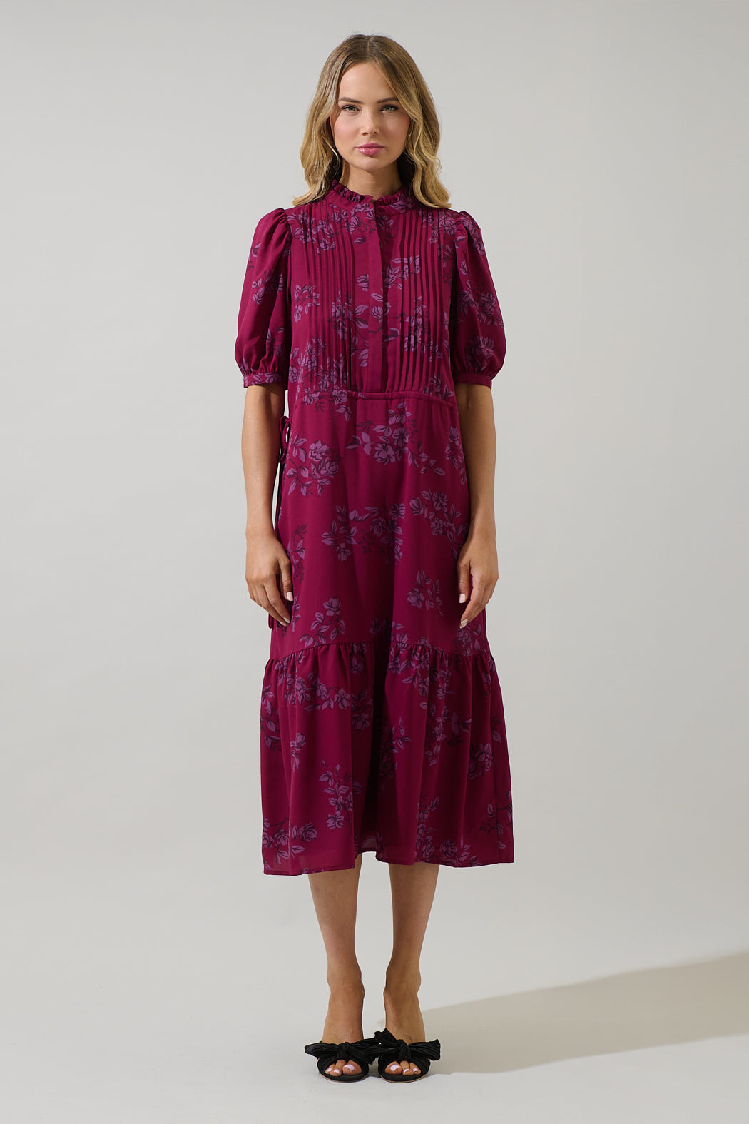 Zurum Floral Pleated Midi Dress MAGENTA-MULT / Xs by Sugarlips Zurum Floral Pleated Midi Dress MAGENTA-MULT / Xs by Sugarlips