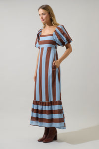 Evabelle Stripe Xena Puff Sleeve Maxi Dress