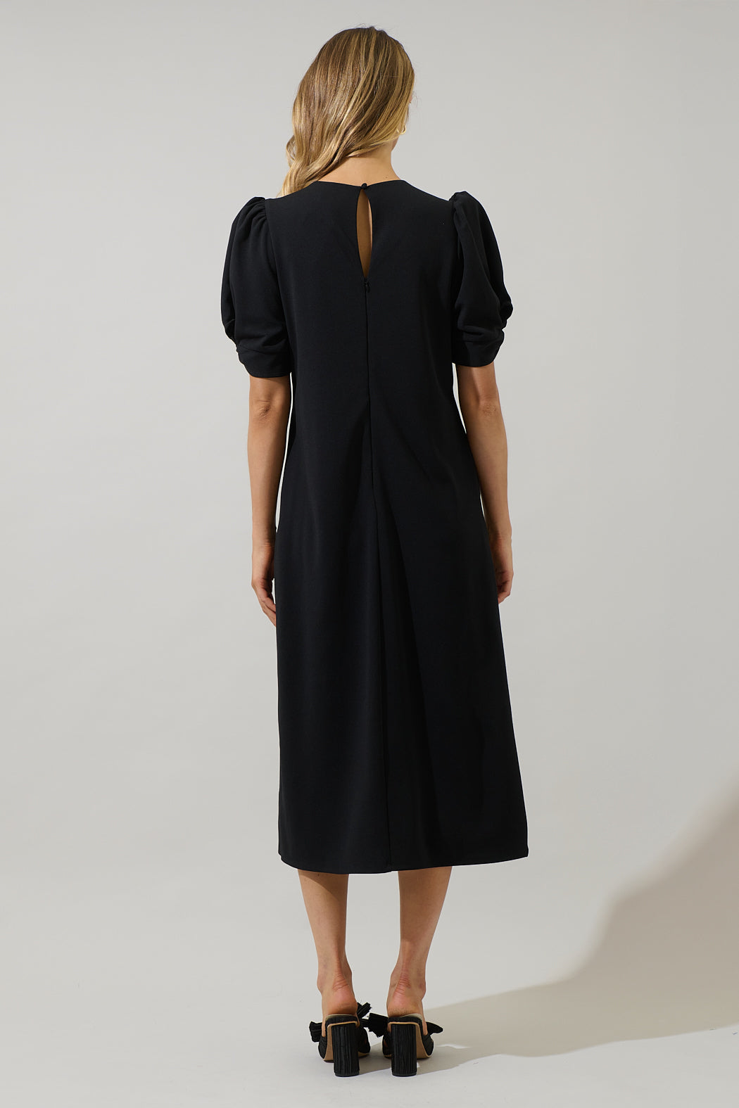 puff sleeve midi dress formal Black Midi Dress, Puff Sleeve Formal Dress, Elegant Tea Length Outfit for Evenings, Receptions, and Special Occasions
