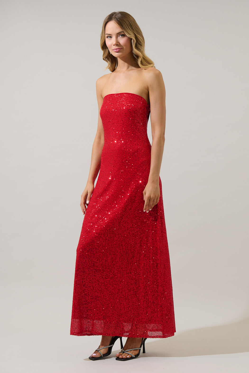 red glitter strapless dress Wedtrend Women Sparkly Red Prom Dress Mermaid Strapless Sequins Long Evening Party Dress With Slit, Red / US14